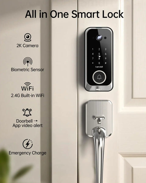 No Sweat Smart Front Door Lock With 2K HD Camera Video Doorbell Kit, Fingerprint Keyless Entry Wifi Deadbolt, Bluetooth App Remote, Big Time Security, Auto Lock And Satin Nickel Finish