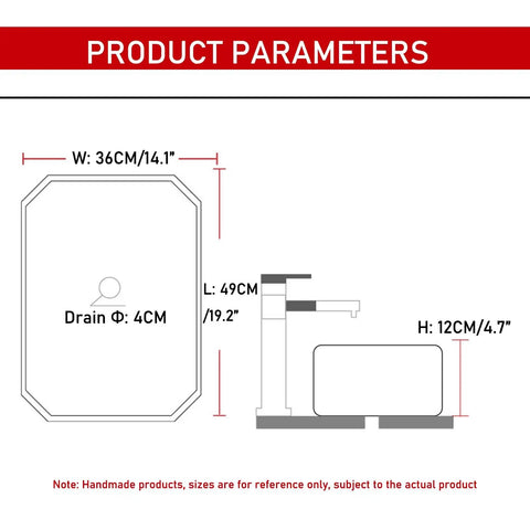 Dimensions of Modern Artistic Bathroom Vessel Sink - Above Counter Ceramic Washbasin - 49 x 36 x 12 cm for Indoor/Outdoor Use.