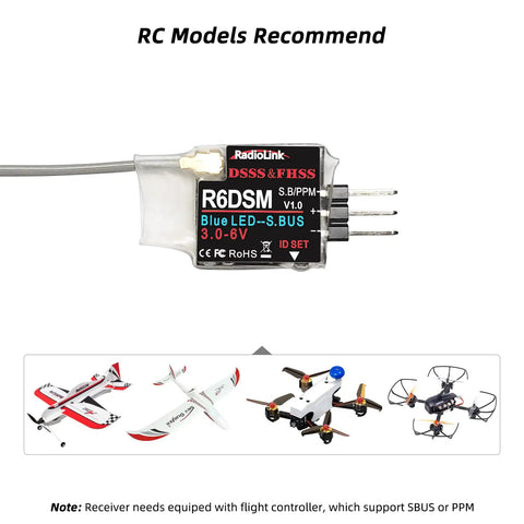 Micro RC Receiver For FPV Drones 10 Channel SBUS PPM 2.4GHz Anti Interference With DSSS FHSS showing blue LED and connectors