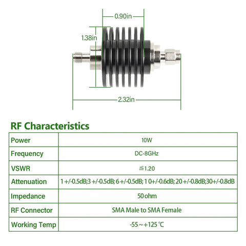 Pro Grade SMA Male To SMA Female RF Attenuator 30dB Attenuation 10W Power Handling 50 Ohm Coaxial Attenuator DC To 8 GHz Low VSWR 1.20 with dimensions and specifications table