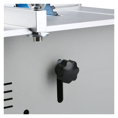 Close-up view of control knob on Ultra Compact Mini Electric Table Saw With Slick Angle Guide And Quick Lift Blade.