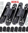 Badass Concealed Hidden Door Hinges With Rock Solid 180 Degree Adjustable Movement And A Zero Drama 80 Kilogram Load Rating For Quick Wood Door Installation In Sleek Black set with screws.