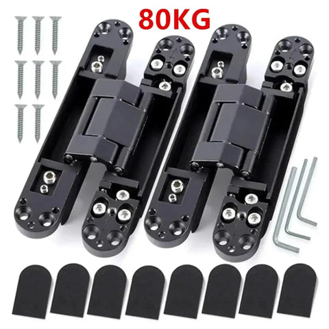 Badass Concealed Hidden Door Hinges With Rock Solid 180 Degree Adjustable Movement And A Zero Drama 80 Kilogram Load Rating For Quick Wood Door Installation In Sleek Black set with screws.