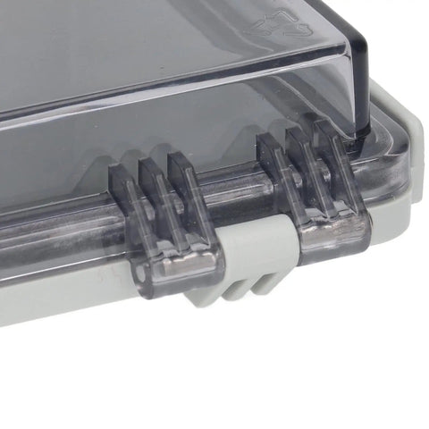 Close-up of Rugged Outdoor Electrical Junction Box with clear cover and stainless steel door lock hinge, IP67 ABS enclosure ideal for outdoor use