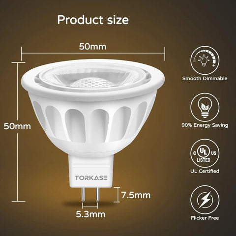 Dimmable MR16 LED Bulbs With GU5.3 Bi-Pin Base, 2700K Soft White, 5W-50W Equivalent, UL Listed, 12V, size dimensions