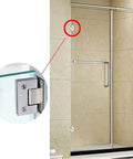 Hardworking Stainless Steel Glass Door Hinges With Dead Silent 90 Degree Swing shown in frameless shower installation.