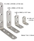 Dang Solid Stainless Steel Corner Braces Heavy Duty Right Angled L Shaped Brackets For Wood Furniture Bedframes And Cabinets Built Tough Diy Kit Of Ten Pieces set of four sizes including L100, L65, L40, L25 mm