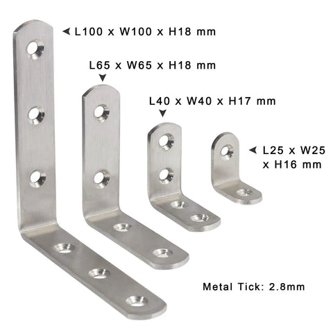 Dang Solid Stainless Steel Corner Braces Heavy Duty Right Angled L Shaped Brackets For Wood Furniture Bedframes And Cabinets Built Tough Diy Kit Of Ten Pieces set of four sizes including L100, L65, L40, L25 mm