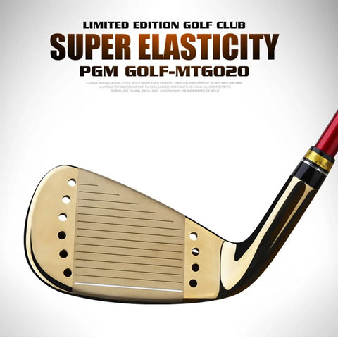 Pro Grade Mens Golf Iron Set Featuring Heavy Duty Stainless Heads And Responsive Carbon Shafts Built For Explosive Distance close-up of gold iron club face with red shaft.