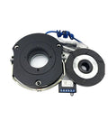 Front view of BN-series electromagnetic brake assembly; two-piece, black housing, rotor, blue wires, control terminal.