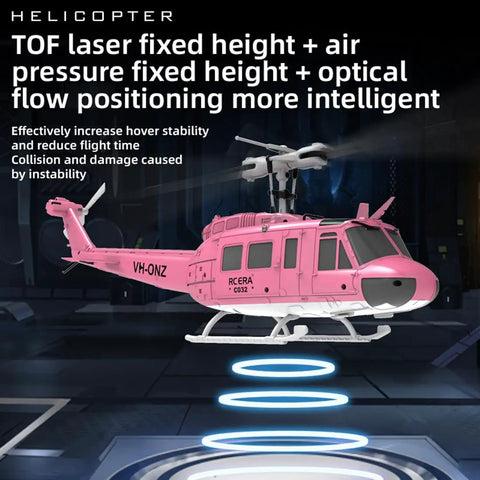 Pink RC helicopter with TOF laser height control features, showcasing hover stability in a futuristic environment.