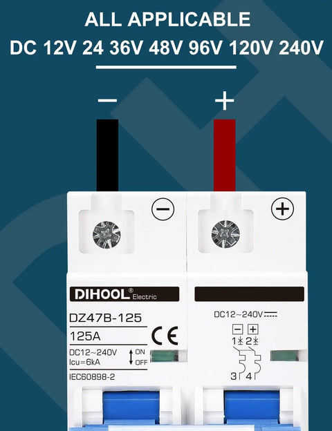 Front view of DC Circuit Breaker 125A Two Pole Solar Disconnect Switch For 12V To 240V Systems with clear markings.