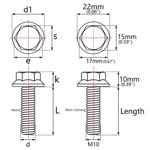 Diagram of Premium Titanium Flange Hex Bolts M10 X 30mm 1.25 Pitch Grade 5 6AL 4V Lightweight High Strength Fasteners.