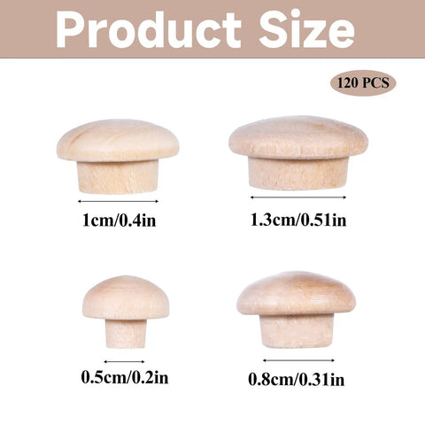 Four sizes of 120 pieces wood plugs for screw holes in furniture cabinets and tables, showing measurements in hardwood material.