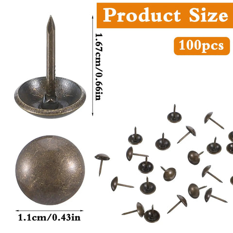 Solid Vintage Upholstery Tacks Set With One Hundred Antique Brass Decorative Hardware Nails, 1.67in height.