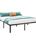 Rock Solid Metal Platform Bed Frame Full Size With Heavy Duty Support Slats No Box Spring Needed showing a full mattress with teal and brown bedding.