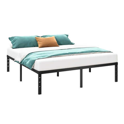 Rock Solid Metal Platform Bed Frame Full Size With Heavy Duty Support Slats No Box Spring Needed showing a full mattress with teal and brown bedding.