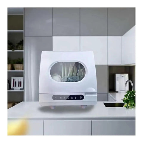 Compact Kitchen Workhorse Smart Countertop Dishwasher Automatic Tabletop Cleaner visible on a kitchen counter with plates inside.