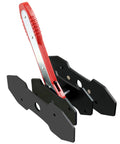 Brake caliper compression tool with red handle and four black spreader plates for automotive piston adjustment