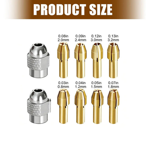 Image of Replacement Collets And Nut Set For Rotary Tools Eight Copper Slotted Collets And Two Silver Collets labeled by size