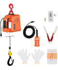 Awesome 1500 Watt 3 In 1 Electric Hoist Winch with rotating hook, remote control, gloves, and manual for heavy lifting jobs.