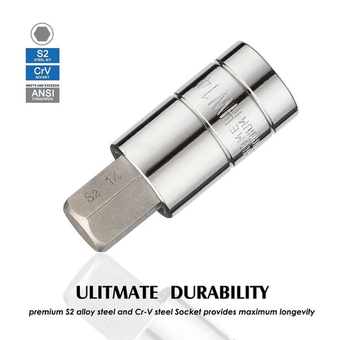 All-In-One Hex Socket Master Set focus on durable S2 alloy steel and Cr-V socket showcasing hex bit in close-up view