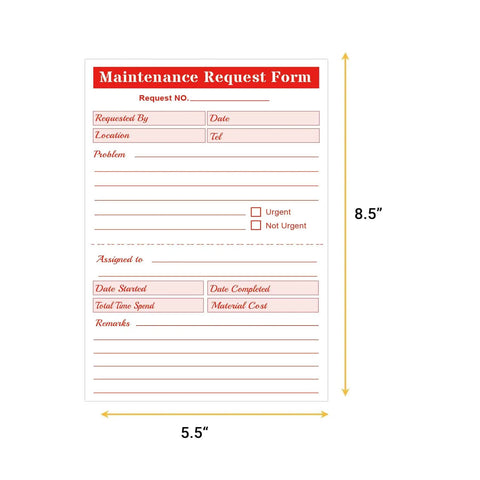 Two Part Carbonless Maintenance Request Forms Book Set, 50 Packs of 100 Sheets Per Book, 5.5 x 8.5 in form