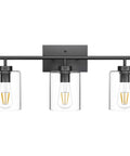 Three Light Black Vanity Light Fixture Over Mirror With Clear Glass Shades Industrial Wall Light For Bathroom Upgrade Modern Vintage Look Matte Black Frame