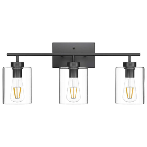 Three Light Black Vanity Light Fixture Over Mirror With Clear Glass Shades Industrial Wall Light For Bathroom Upgrade Modern Vintage Look Matte Black Frame