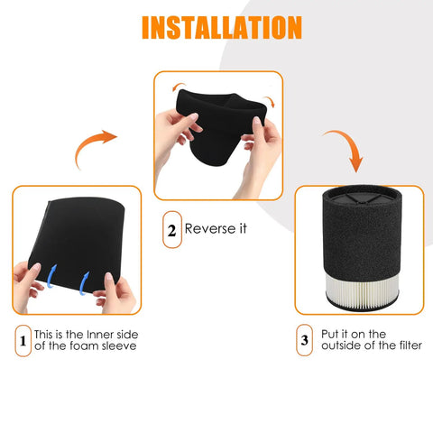 Installation steps for Foam Sleeve Replacement for Ridgid 5-20 Gallon Wet Dry Vacuums VF4000 VF5000 VF6000 Foam Cover PreFilter