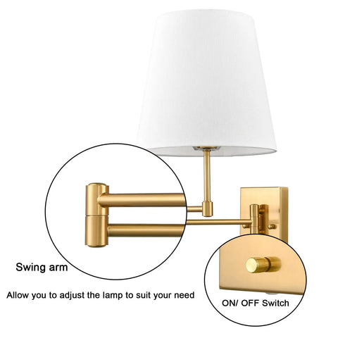 Gold Swing Arm Wall Lamp With Brass Finish And Linen Shade Two Pack Plug In Or Hardwired For Bedroom Bedside Reading Light