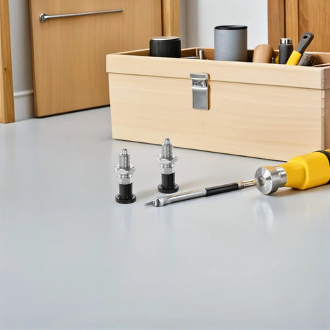 Top Shelf M6 Stainless Steel Spring Loaded Indexing Plunger With 4Mm Retractable Pin Non Locking Ergonomic Knurled Grip Heavy Duty Industrial Shop Tools Two Piece Set on workbench with tools.