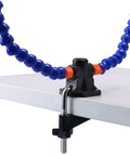 Two Arm Third Hand Soldering Station With Flexible Arms for PCB Work, clamped to table edge, showing non-slip blue arms