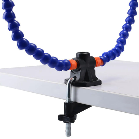 Two Arm Third Hand Soldering Station With Flexible Arms for PCB Work, clamped to table edge, showing non-slip blue arms