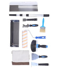 Kickass Drywall Finishing Kit With No Sweat Paint Roller, Stainless Steel Scraper And J Trowel, Flexible Putty Brush, Heavy Duty Mud Pan Plus Telescoping Extension Pole For Smooth Interior Walls tools arranged for drywall finishing.