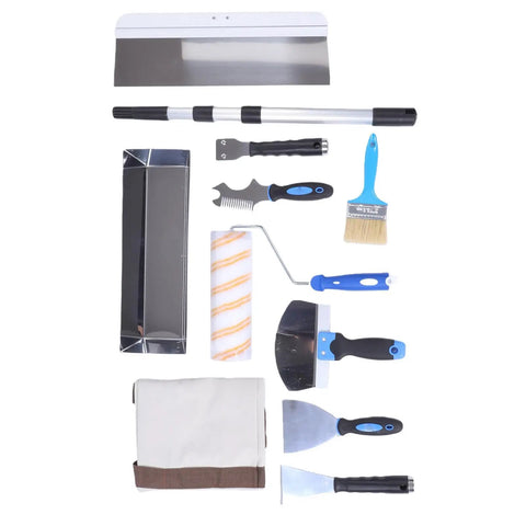 Kick Ass 11 Piece Drywall Tool Set With Telescopic Extension Pole And Paint Roller For Wall And Ceiling Mudding Taping Smooth Repairs And Home Renovation Work with various tools.