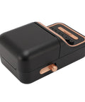 Cool Retro Label Printer With Bluetooth 5.0 Connectivity And Compact Design; sleek black design with a copper button.