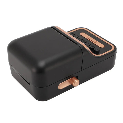 Cool Retro Label Printer With Bluetooth 5.0 Connectivity And Compact Design; sleek black design with a copper button.