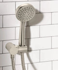 Brushed Nickel Replacement Metal Shower Hose Kit For Handheld Showers, 59 Inch Metal Hose, sleek design mounted on white tiles.