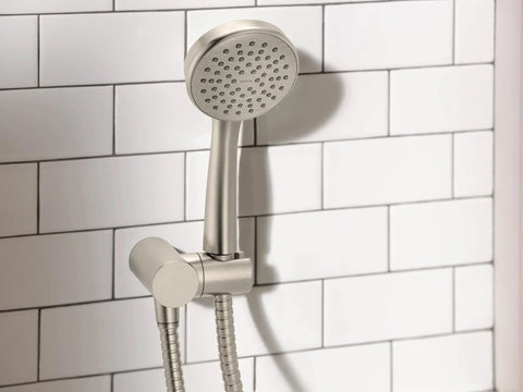 Brushed Nickel Replacement Metal Shower Hose Kit For Handheld Showers, 59 Inch Metal Hose, sleek design mounted on white tiles.