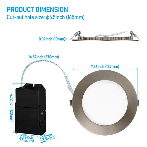 Product dimensions of Ultra Slim 4 Inch LED Recessed Downlights With J Box Pack Of 6, Satin Nickel Finish, 10.5W, 3000K Warm White.