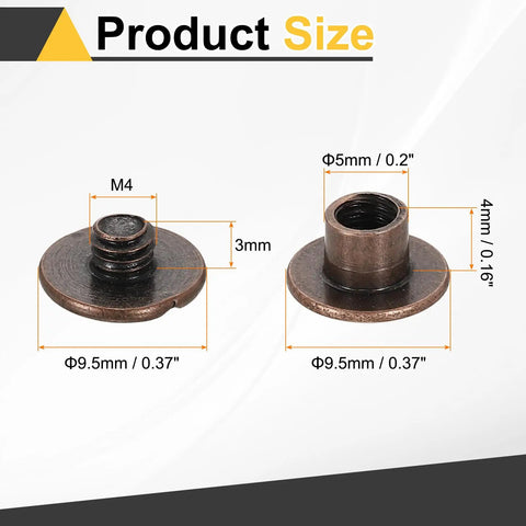 M4 Chicago Screws showing dimensions, featuring solid Phillips drive and copper coating, for leather projects.