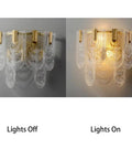 Wall Sconce Lights Indoor Bedroom Hallway Modern Art,Gold Brass,Layered Clear Textured Shell Glass Shade,s,showing light on and off.