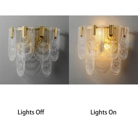 Wall Sconce Lights Indoor Bedroom Hallway Modern Art,Gold Brass,Layered Clear Textured Shell Glass Shade,s,showing light on and off.