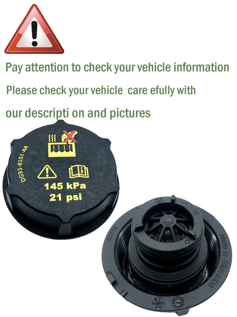 Ford Coolant Reservoir Cap Replacement For Focus Mustang Fusion Escape F Series Trucks Bronco Edge Ranger Expedition Explorer Transit And Lincoln Aviator MKZ MKC MKX With Tight Seal And 21 Psi Maximum Pressure, top and bottom view with 21 psi marking.