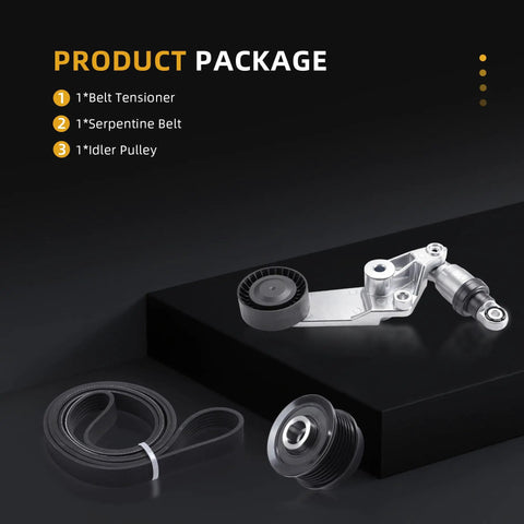 Top Notch Serpentine Drive Belt Kit With Tensioner And Idler Pulley Perfect Fit For Toyota Corolla 2003 To 2008 Plus Matrix Models Keeping Your Ride Smooth And Reliable Without Any Skanky Noises Or Slipping Issues. product package showing tensioner, serpentine belt, and idler pulley