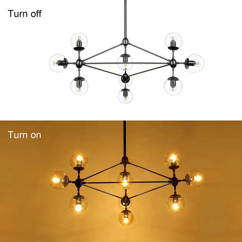 10 Light Modern Sputnik Chandelier In Matte Black With Globe Glass Shades For Dining Room, Kitchen Island, And Living Room, Industrial Chic, Easy Install, Statement Lighting Fixture For Modern Homes - on and off view
