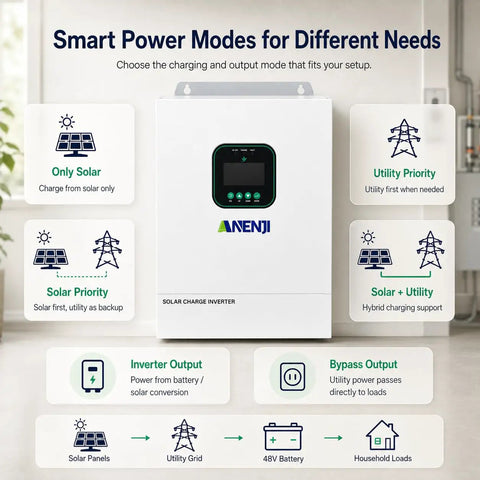 Rock Solid Heavy Duty Hybrid Solar Inverter 48V 3600W with MPPT Charger showing smart power modes for different needs.