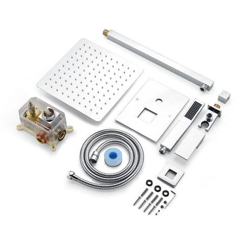 All In One Square Shower System With 10 Inch Rain Shower Head And Handheld Shower Polished Chrome Valve Trim Kit With Pressure Balance Easy Install Modern Bathroom Faucet Set For Home components on white background