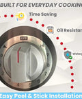 Close-up of stove knob with Stove Dial Stickers For Oven And Range Knobs Easy Read Knob Symbol Decals Replacement